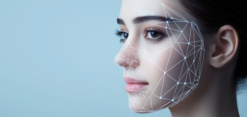 Woman using facial recognition to access her digital bank account, highlighting secure fintech, biometric authentication, and financial security