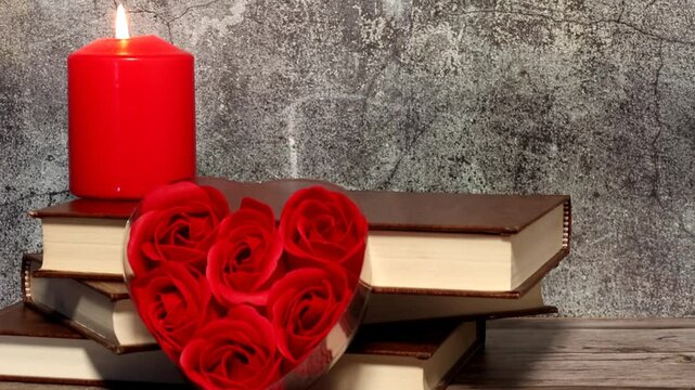 libros apilados rosas rojas vela roja encendida
