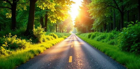 Fototapeta premium Roadside vegetation with sunlight filtering through, foliage, nature, sunlight