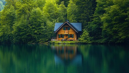 Obraz premium Tranquil Lakeside Cabin Retreat: A Serene Escape in Lush Green Forest