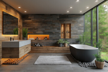 Photographie immobili&egrave;re d&rsquo;une salle de bain moderne spacieuse avec des murs en pierre naturelle, un &eacute;clairage encastr&eacute; et une esth&eacute;tique minimaliste. HDR, 3D, design, tendance, architecte