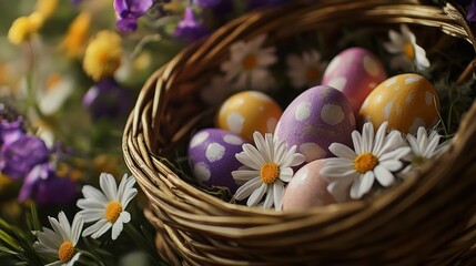 Fototapeta premium Wicker basket with painted Easter eggs and spring flowers