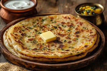 Rustic Aloo Paratha with Melting Butter, Mango Pickle, and Yogurt in a Moody Food Setting