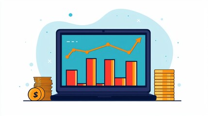 Naklejka premium Computer Screen Displaying Financial Growth and Coin Stacks Illustration
