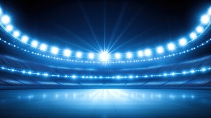 Bright blue stadium lights illuminate an empty arena floor, creating a dramatic and powerful atmosphere.