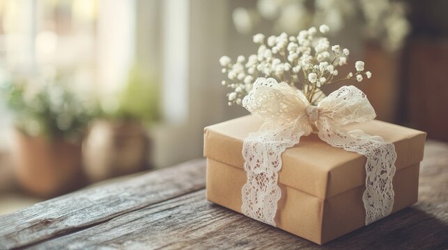 Lace ribbon bow on Easter gift box with rustic interior blurry background
