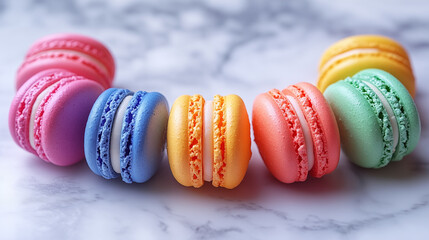 Rainbow colored macarons on a marble background