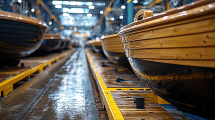 Freshly varnished yacht decking in boat assembly area, showcasing craftsmanship and attention to detail