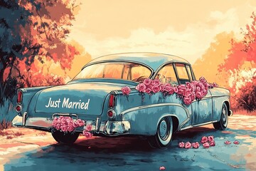  Vintage blue car decorated with pink flowers and "Just Married" sign, driving down a countryside road at sunset, symbolizing love and celebration.