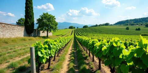 Vineyard with ancient stone walls and cypress tree, Friuli Venezia Giulia, ancient wall, vineyard
