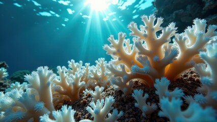 Obraz premium Close-up underwater view of bleached coral with sun rays filtering through clear ocean water 