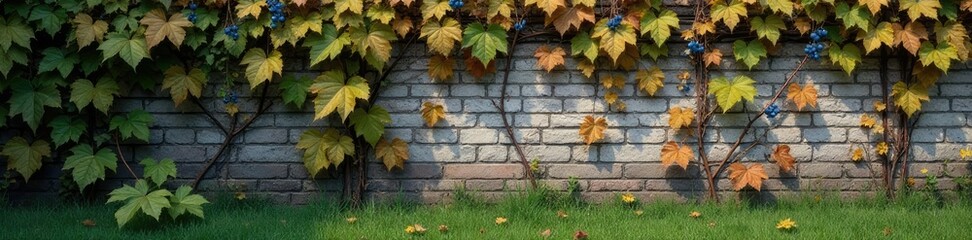 Vine covered wall with brown leaves and blue berries, foliage, trees, miscellaneous