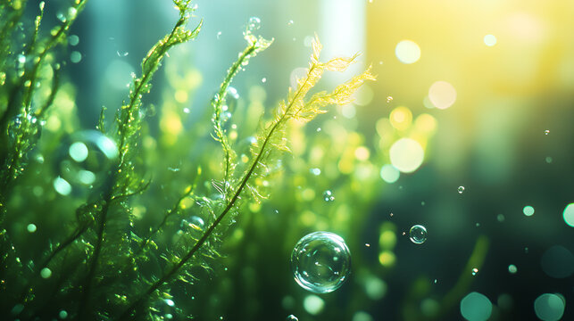 green seaweed ulva lactuca algae swing underwater with bubbles.