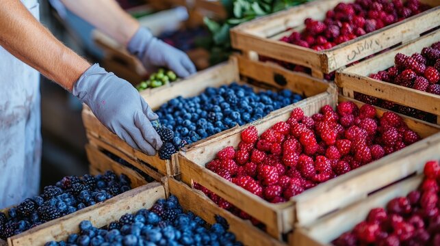A market worker restocking fresh berries in wooden crates