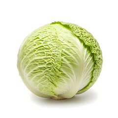 A vibrant, textured head of Savoy cabbage, showcasing its tightly packed leaves and fresh green hues against a clean white background