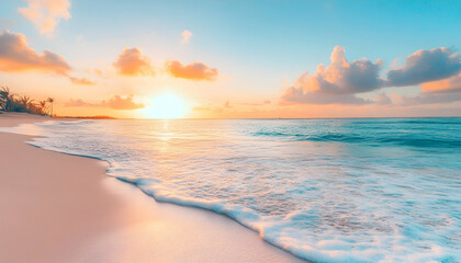Obraz premium Tropical Beach Sunrise Photo - Ocean, Waves, Sand, Sky, Clouds, Palm Trees, Coast, Island, Sunset, Vacation