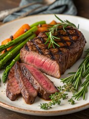 A close-up of a perfectly grilled steak with herbs and vegetables on the side.
