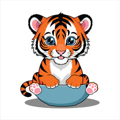 A cute, cartoon-style tiger cub sits in a blue bowl, looking directly at the viewer with big blue eyes.