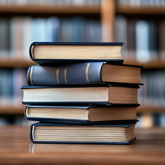 Stack of books against the background of library, stack of books in front of library, books on wooden table, education,