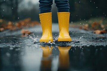  Child wearing yellow rain boots splashing in puddle, water droplets flying, wet pavement, playful moment, rainy day, autumn leaves, fun outdoor activity.