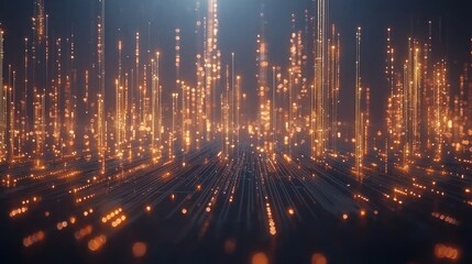 Fototapeta premium Abstract Digital Golden Cityscape: A mesmerizing visualization of interconnected data streams and glowing particles, evoking a sense of futuristic technology and boundless potential.