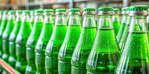 Close-up of assorted green soda bottles on display in a supermarket, refreshment, drinks