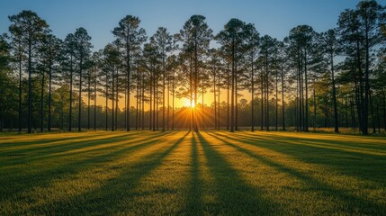 Obraz premium Sunrise through Pine Trees, Long Shadows