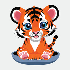 A digital illustration of a cartoon tiger cub, depicted in a friendly and playful style. The cub is sitting in a blue bowl, looking directly at the viewer with a cheerful expression.