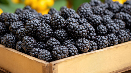 Freshly picked blackberries in wooden container, showcasing their rich color and texture, evoke sense of nature bounty