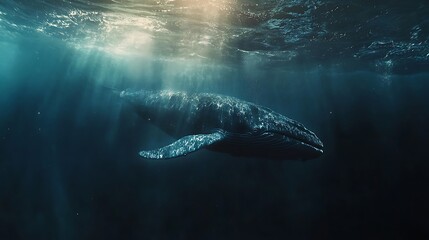 Fototapeta premium Graceful whale gliding underwater with sun rays high resolution picture