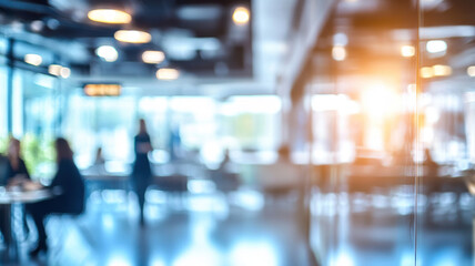 Blurred image of businesspeople working in modern office with bright lighting and reflections