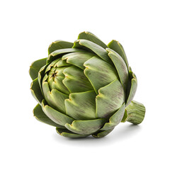 Obraz premium A single artichoke, showcasing its green hue and layered petals against a white background with a subtle shadow
