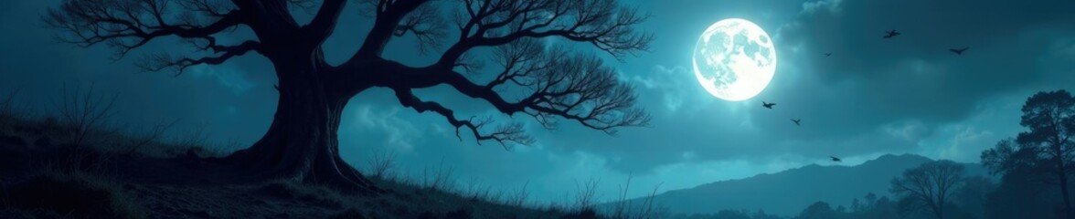 Obraz premium A bright, silver moon casts an otherworldly glow on the dark, twisted branches of a haunted tree in a spooky forest, tree, moon, eerie
