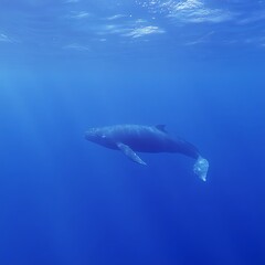 Fototapeta premium Majestic whale in deep ocean with sunlight rays high resolution picture