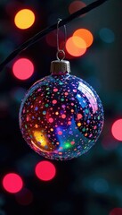 Fototapeta premium A colorful glass ball ornament hanging from a dark metal rod, holiday lights, rod, colors
