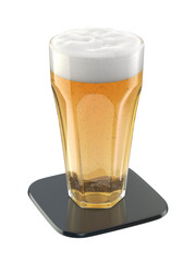 Glass of lager beer on shiny black coaster on transparent background