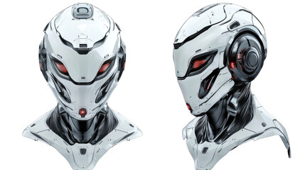 Futuristic robot avatar close up portrait isolated on white background 