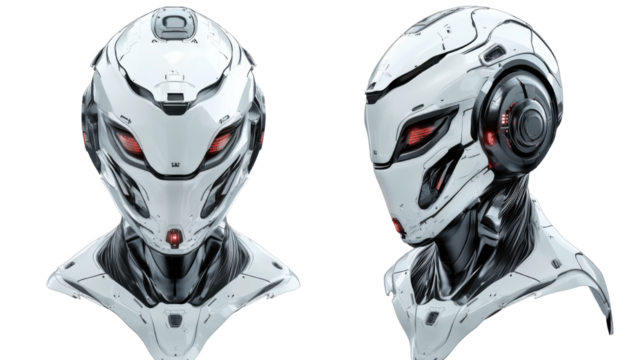 Futuristic robot avatar close up portrait isolated on white background 