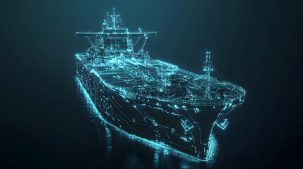 Futuristic digital rendering of an oil tanker at sea, glowing with cyan energy lines; abstract, technological, maritime.