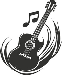 Black and white illustration of an acoustic guitar with a music note.