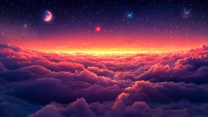 Above the clouds, starry sunset, celestial view