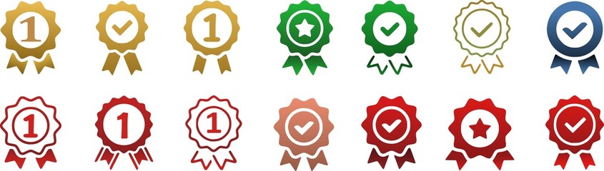 Approval check big icon set. Verified, certified, medal, correct mark, award ribbon, badge, quality certify sign - stock.