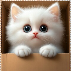 Curiosity in a Box: A fluffy, white kitten with big, captivating blue eyes peeps out from the confines of a cardboard box.