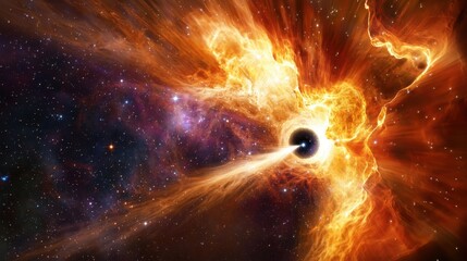A galactic rift sends luminous nebula waves crashing against a distant black hole