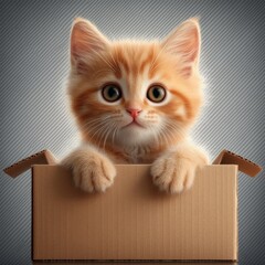 A Curious Feline: A cute and playful orange kitten curiously peeks out from a cardboard box, its big, expressive eyes full of wonder and anticipation.