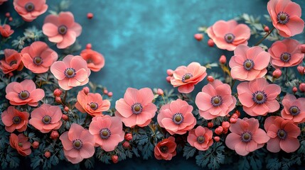 Fototapeta premium A vibrant arrangement of delicate pink flowers against a turquoise background, showcasing intricate petals and lush green foliage.