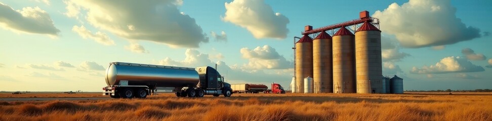 Obraz premium Giant tanker truck passes imposing dairy silos under vast Australian sky, orange, red