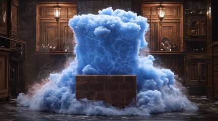 A vibrant blue cloud explosion occurs within an old interior