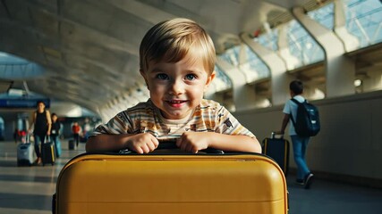 A blond toddler holds a yellow suitcase at an airport. - Powered by Adobe