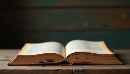 Obraz premium Leather-bound book, aged patina, rustic wood shelf, dark, light